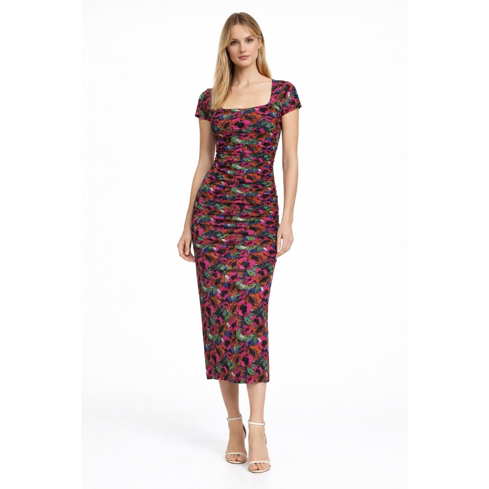 MISA LOS ANGELES Floral Ruched Mesh Midi Dress Short Sleeve Square Neck XS/S‎